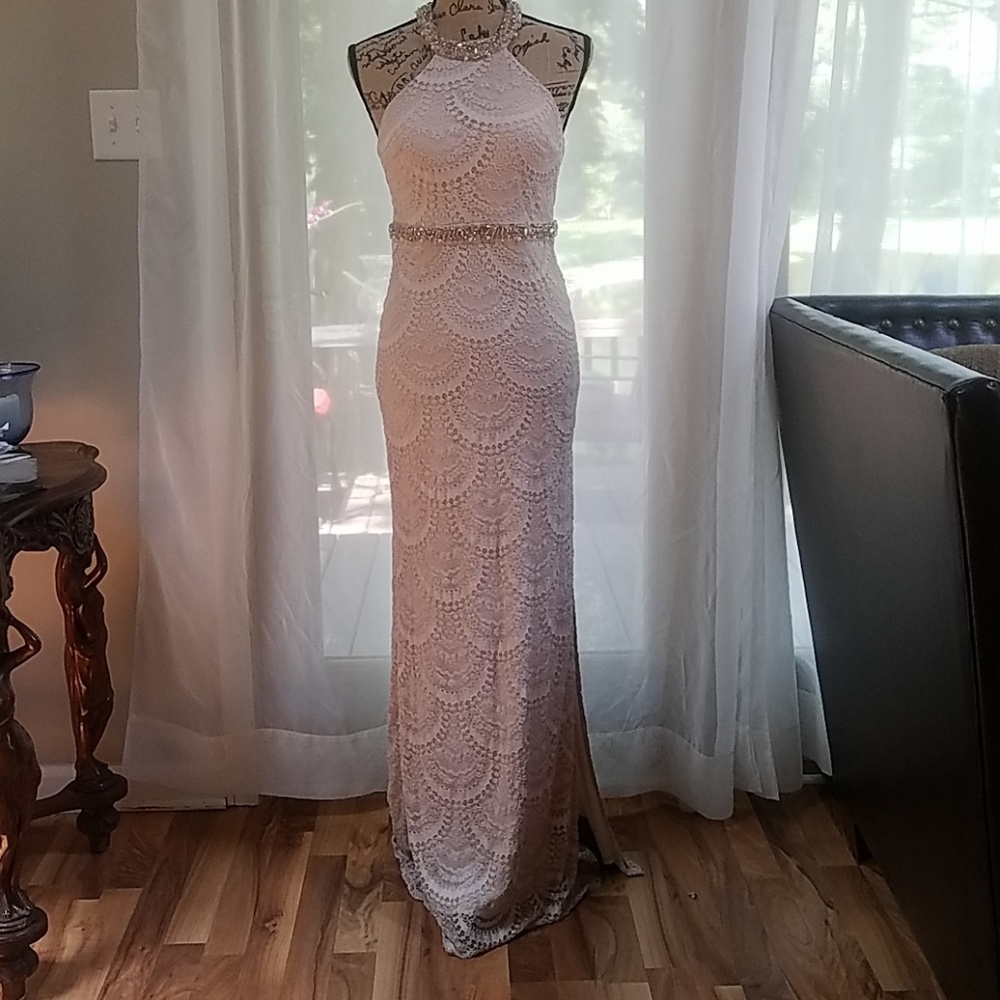🏠⭐️ Sequin ❤ Hearts Gala Evening Pearl & Accent Side Split Dress Size 5